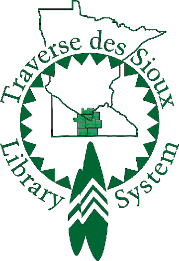 Traverse des Sioux Library System logo.  White map of state of Minnesota with service area in southcentral Minnesota highlighted in green. Indian feathers hanging from a circular, shark-toothed ring is placed over the map encircling the service area, with the words 'Traverse des Sioux' written around the outside of the ring.