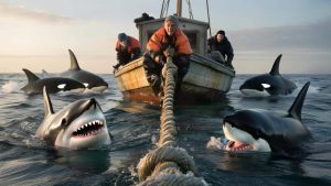 Fishermen Watch in Horror as Sharks Attack Their Anchor Rope During Orca Encounter